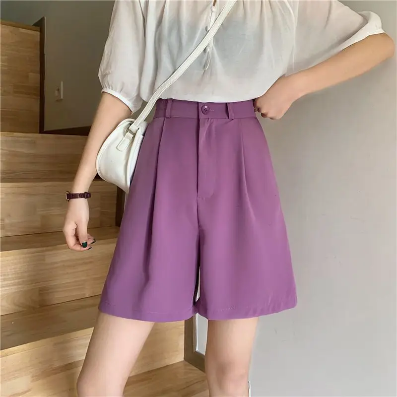 Spring Summer Women's High Waisted Button Solid Pockets Casual Suit Sports Formal Trousers Preppy Style High Street Shorts
