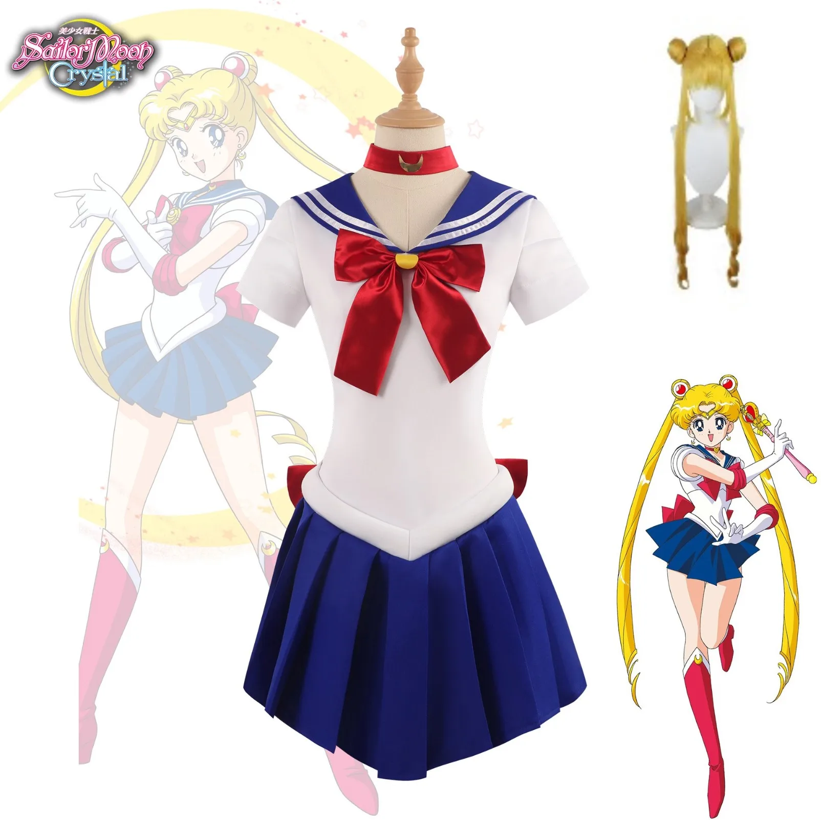 

Anime Sailor Moon Cosplay Costume Tsukino Usagi Uniform Dress Outfits Cosplay Yellow Wig Halloween Carnivl Party Women Uniform