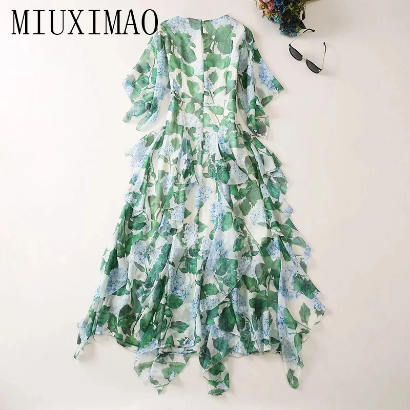 

MIUXIMAO 2023 High Quality Spring&Summer Elegant Dress Half Sleeve O-Neck Print Irregular Fashion Long Dress Women Vestide