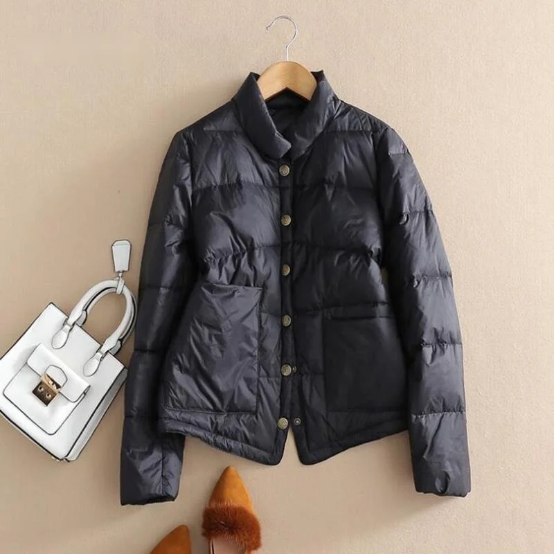 

Зимнее пальто на утином пуху, женская короткая стандартная тонкая куртка в стиле оверсайз, осенняя Повседневная приталенная куртка-пуховик, парки