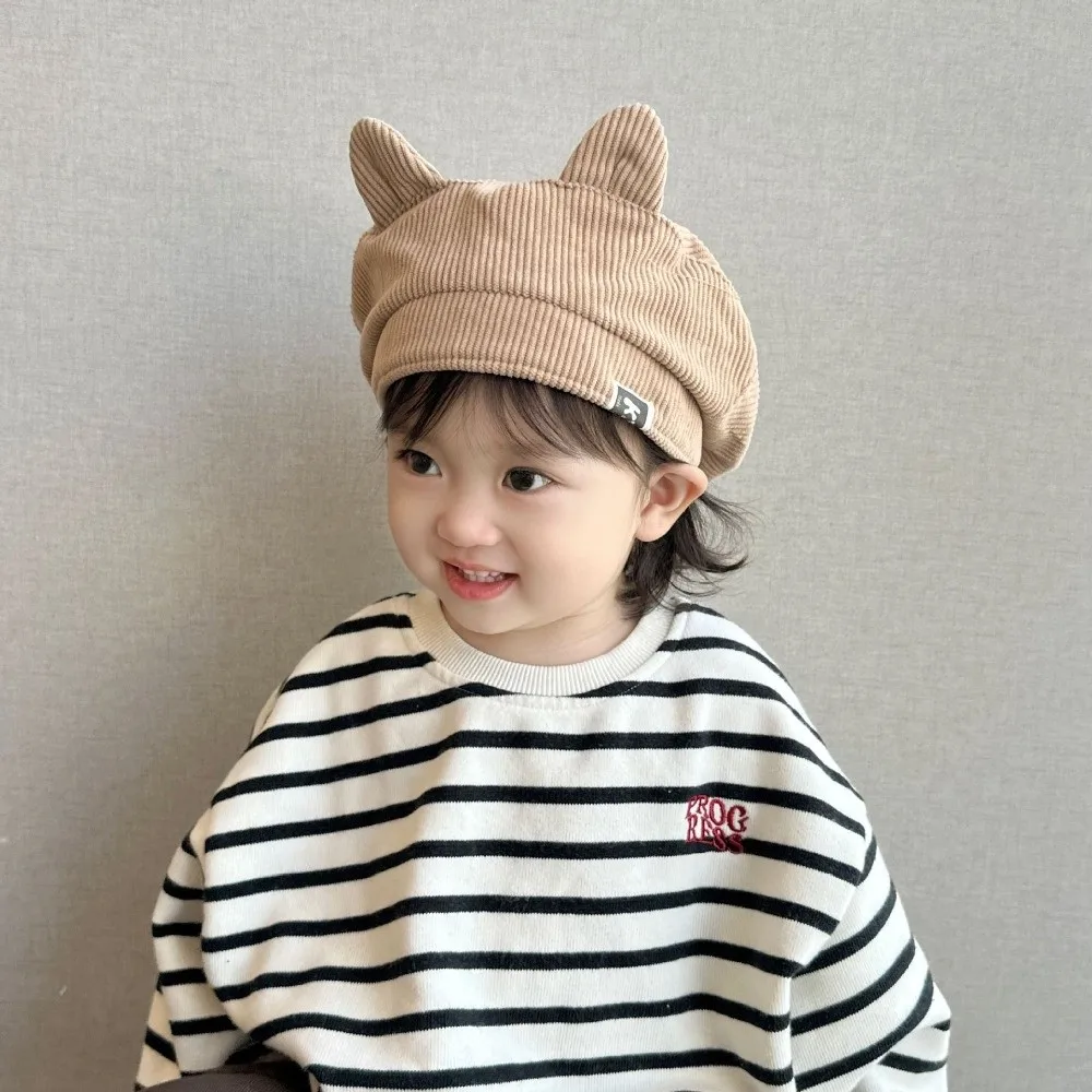 Lovely Cute Baby Corduroy Beret Flat Top Korean Cat Ear Beret Boy Girl Sweet Duck Tongue Cap Toddler
