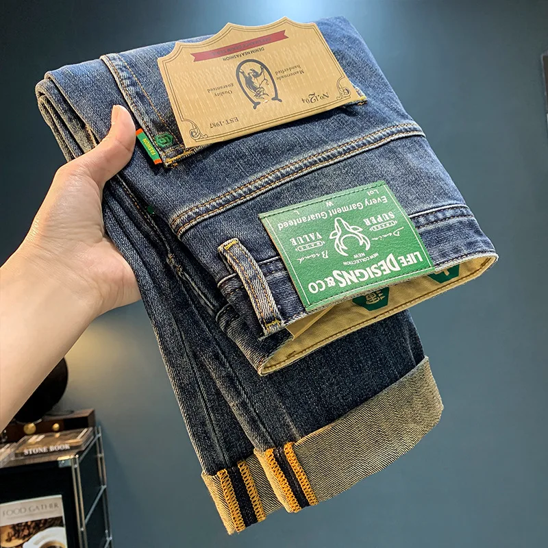 High quality fashion wash jeans for men 2024 men's new fall wear trendy printed nostalgic stretch slim denim casual pants 3