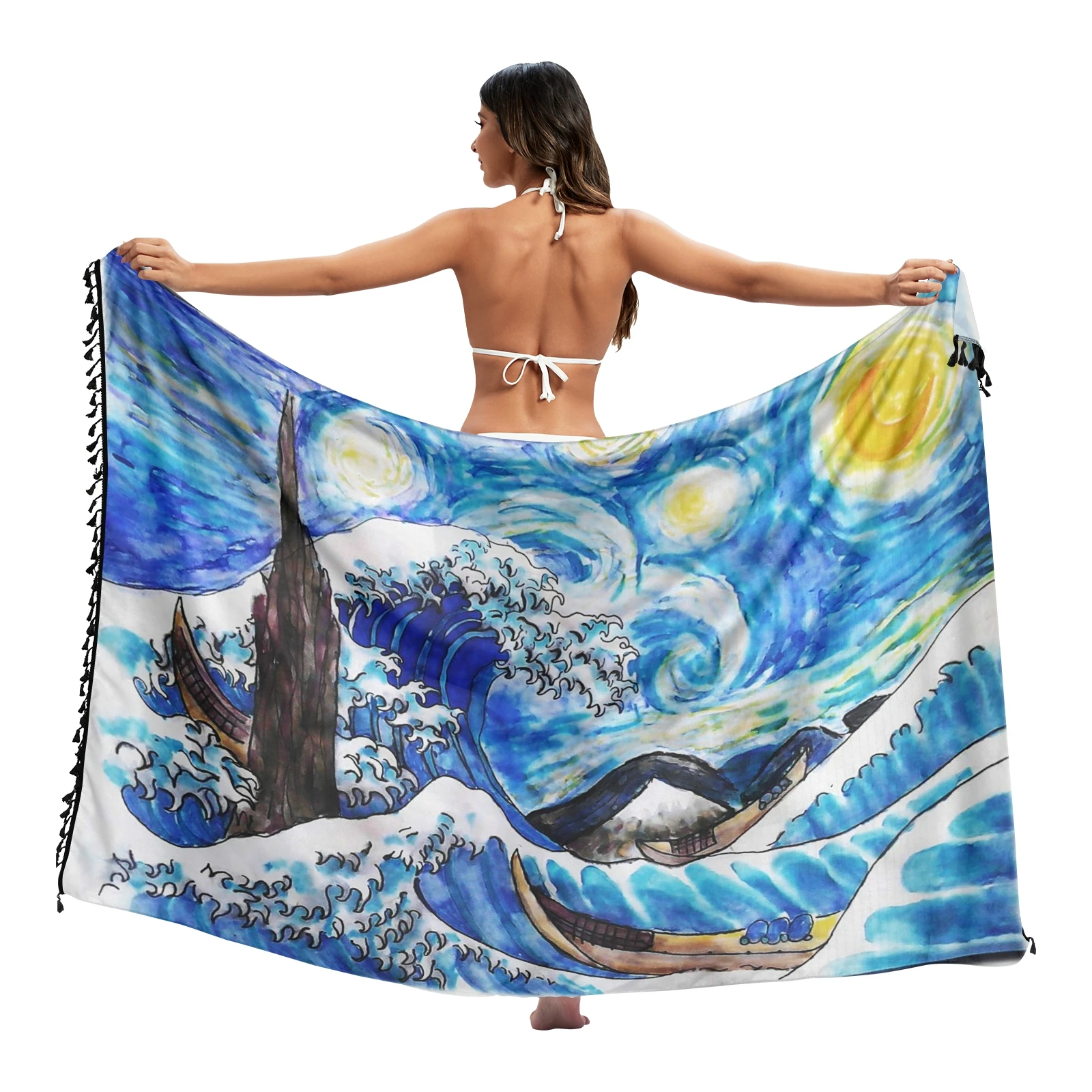 long flowy beach dress The Great Wave of Kanagawa Twill cotton Pareo Beach Cover-Ups Women  Beach Dress Bathing Swimwear Cover Up snow Sarong Scarf bathing suit bottom cover up