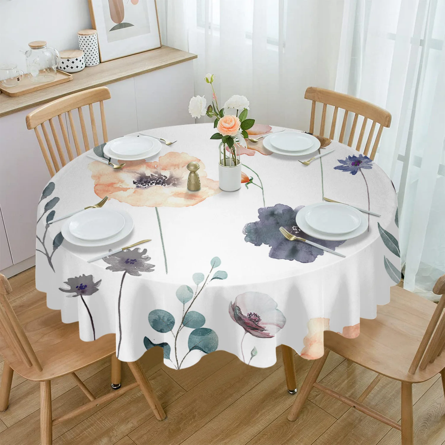 

Watercolor Flowers Plants Round Tablecloth Waterproof Wedding Decor Table Cover Xmas Home Decorative Tablecloth