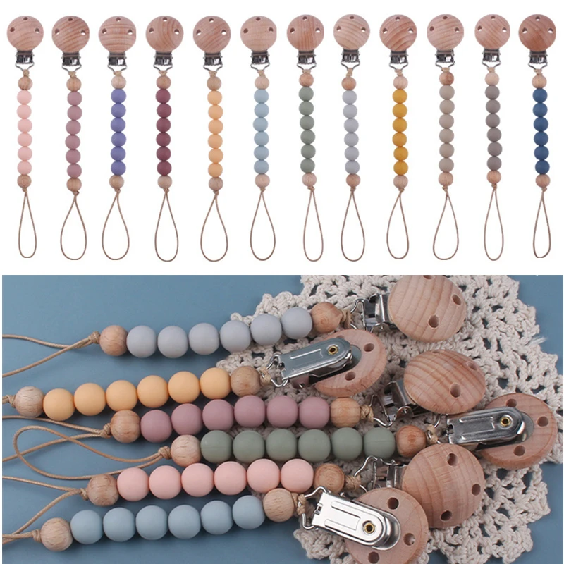 Baby Infant Toddler Wooden Dummy Pacifier Soother Nipple Chain Clip Holder NEW 