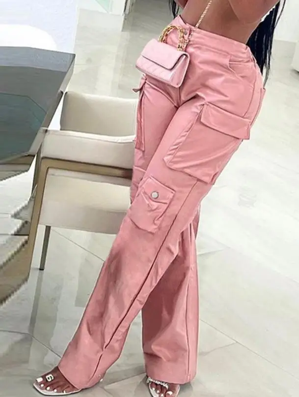 Women's Pants 2023 Summer Fashion Pu Leather Pocket Design Casual Plain High Waist Daily Straight Leg Cargo Pants Y2K Streetwear