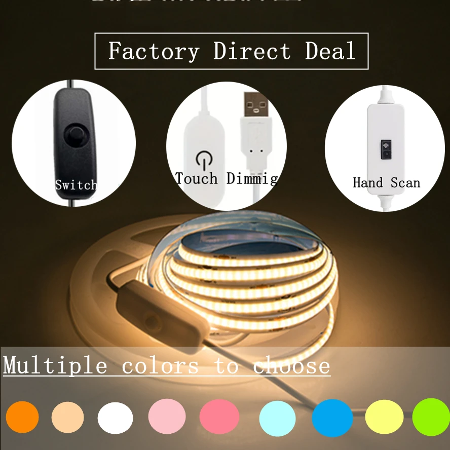 Description Picture 2 of itemUSB COB LED Strip Light DIY TV Mirror Backlight 320LEDs/M 5V Ribbon Tape Touch Sensor Dimmable Lamp RA90 Kitchen Room Decoration