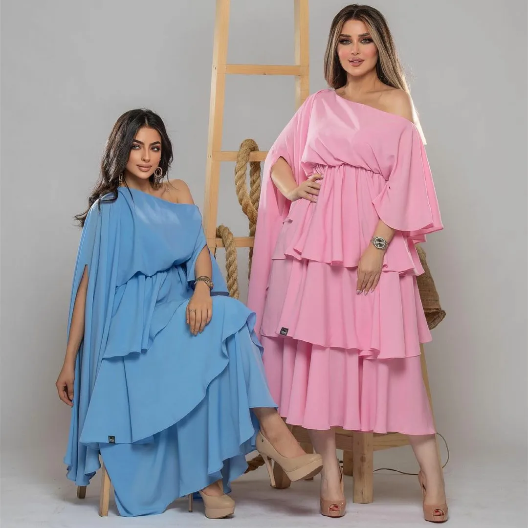 

Short One Shoulder Ruffled Tea Length Evening Dresses فساتين السهرة A-Line Chiffon Tiered Prom Dress Robe de soirée for Women