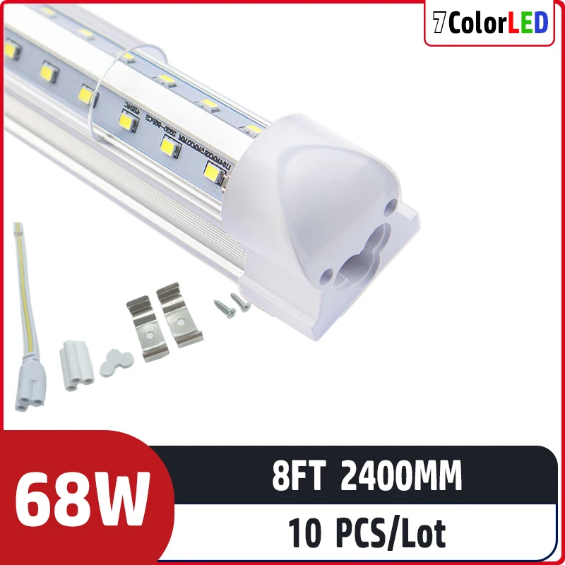 10pcs/lot 8ft 2400mm 68w AC85-265V input Led Fluorescent lamp For Home Lighting T8 integrated v shape led tube