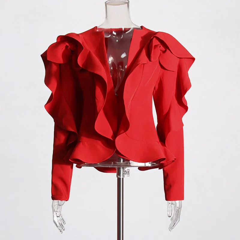 KBQ Solid Patchwork Ruffles Temperament Blazers For Women V Neck Long Sleeve Spliced Belt Chic Blazer Female Fashion Clothes New