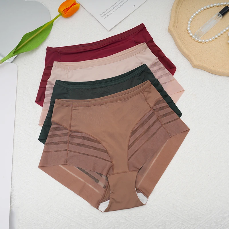 High-Waisted Mesh Ice Silk Triangle Pants Large Size Breathable Sexy Striped Seamless Underwear