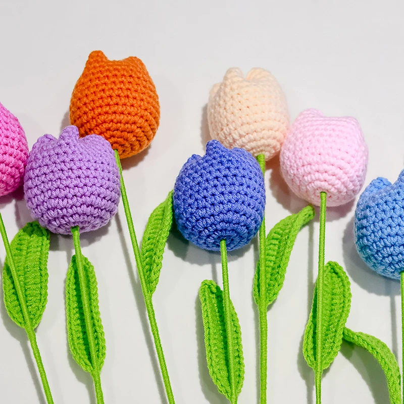 Tulip Knitting Flower Woven Tulips Single Flower Bouquet Wedding Decoration Graduation Gifts Hand Crochet Fake Floral 1PC