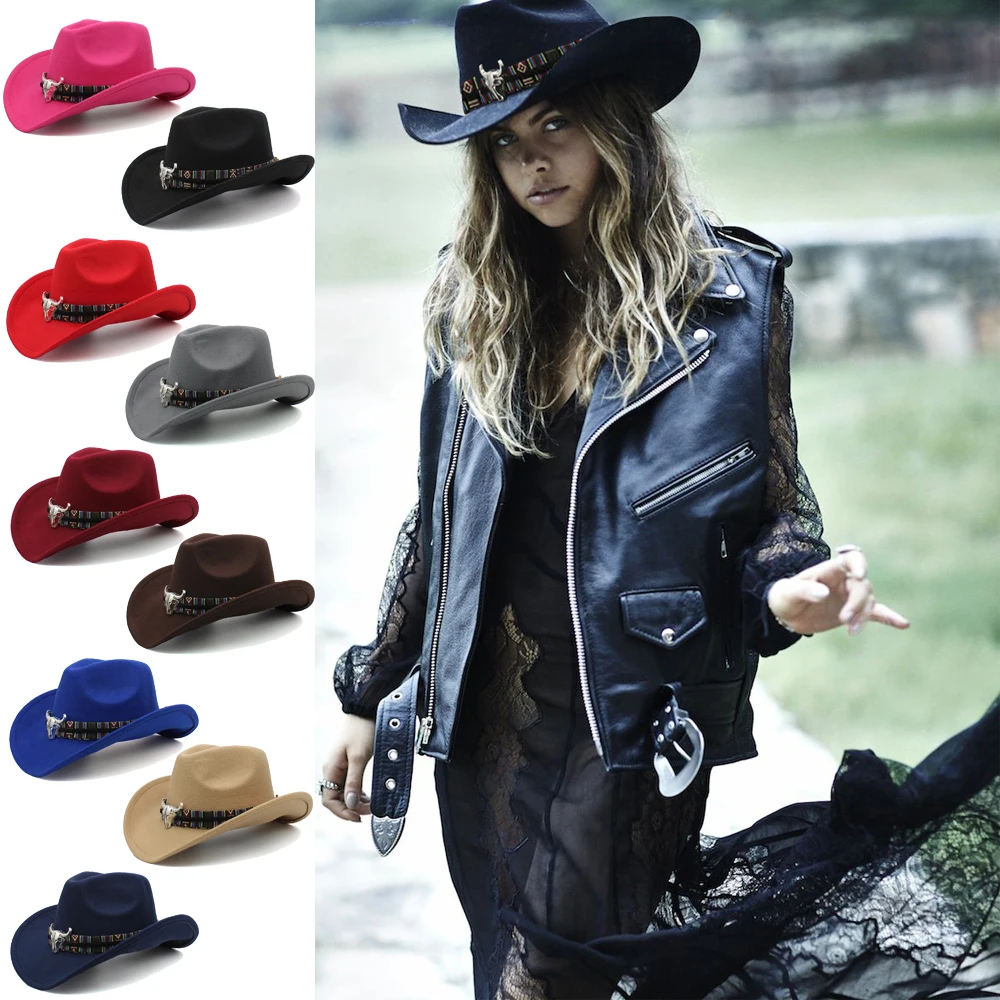 

3 Sizes Parent-child Men Women Kids Children Woolen Western Cowboy Hat Wide Brim Sunhat Party Travel Outdoor Cap Classical Retro