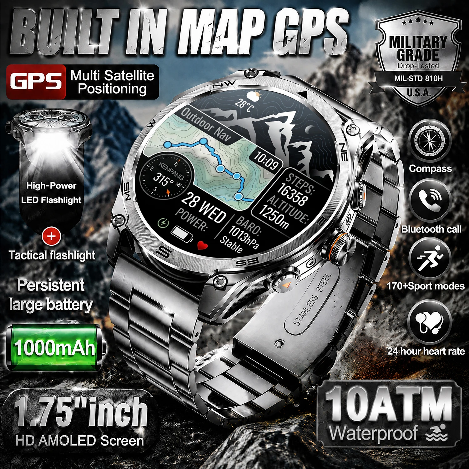 2026 New Military Smart Watch 1000Mah Battery GPS trace Compass 10ATM Waterproof Tactics Sport Flashlight call Smart Watch Men 1