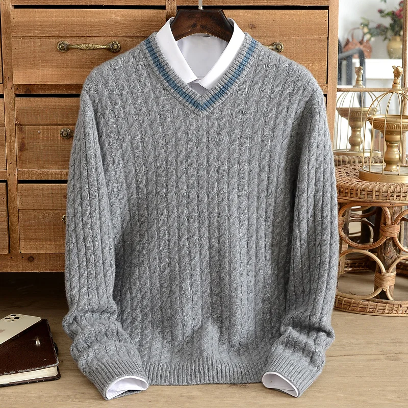Winter top thickened pure cashmere sweater men's v-neck jacquard knitted sweater student warm bottoming shirt youth fashion