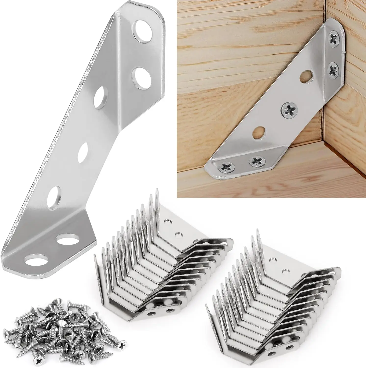 10 Pack Stainless Steel Corner Brackets With Screws, Angle Corner Brackets For Wood, Corner Braces For Shelves Wood Furniture Chair Drawer Cabinet