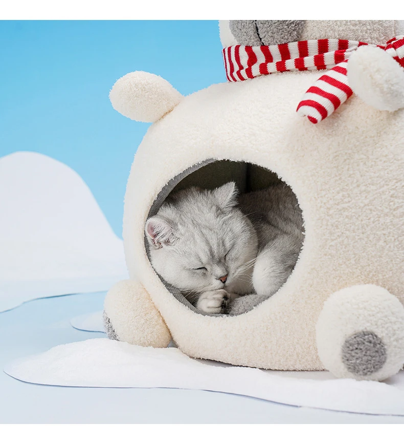 polar bear shape cozy cat bed in white