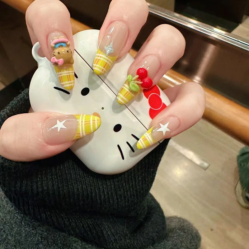 

Hello Kitty Sanrio Kawaii аниме ручная работа пресс-на ногтях милые Мультяшные кошачий глаз дизайн ногтей маникюр Летние подарки для девочек
