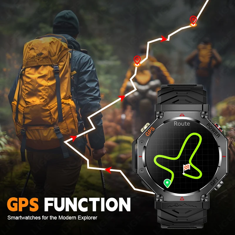 LIGE New Military GPS Smart Watch Men With LED Flashlight Compass Waterproof Outdoor Sports Tracker Bluetooth Call Smartwatch