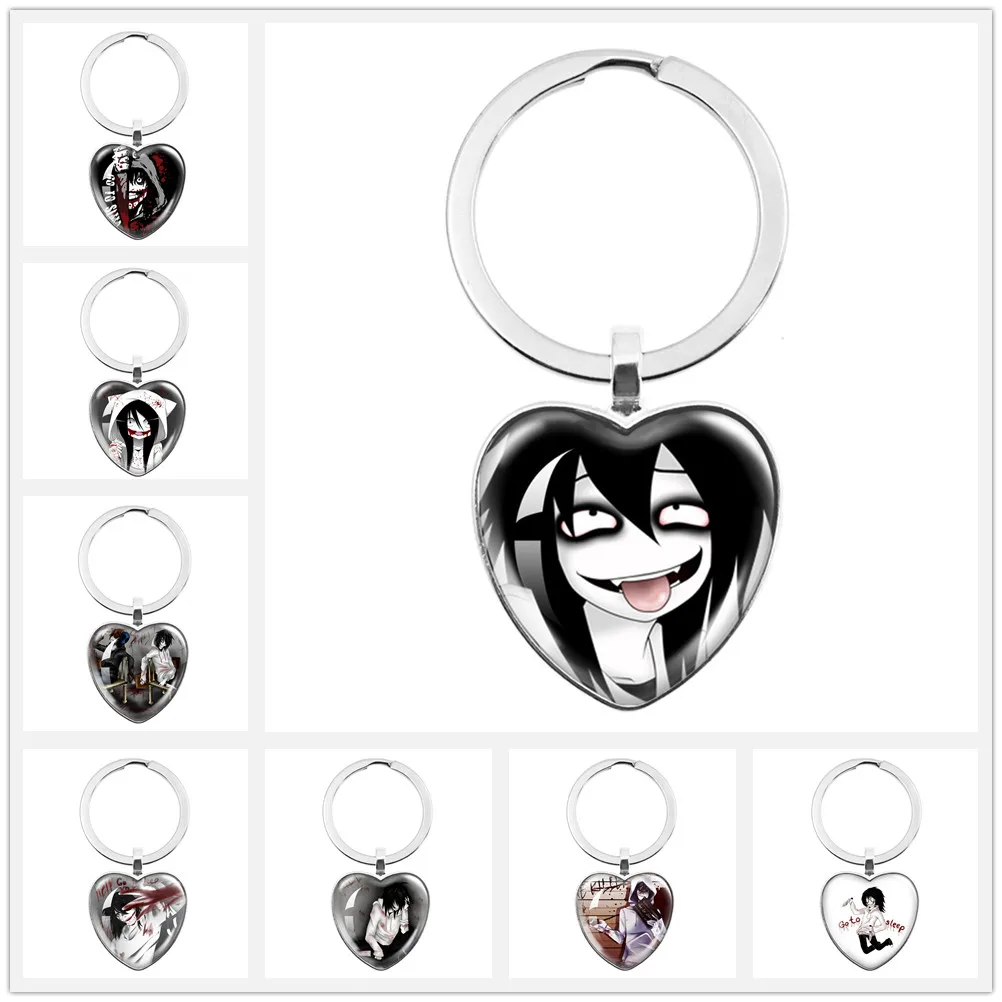 

New Jeff And Jane The Killer Character Heart Keychain Creepypasta Creepy Pasta Ticci Toby Glass Heart Key Pendant Jewelry Gift