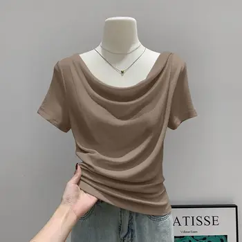 Summer Thin Slash Neck Short Sleeved T-shirt Feminine Temperament Summer Irregular Slim Fit Spicy Top Plus Size Women Clothing 1