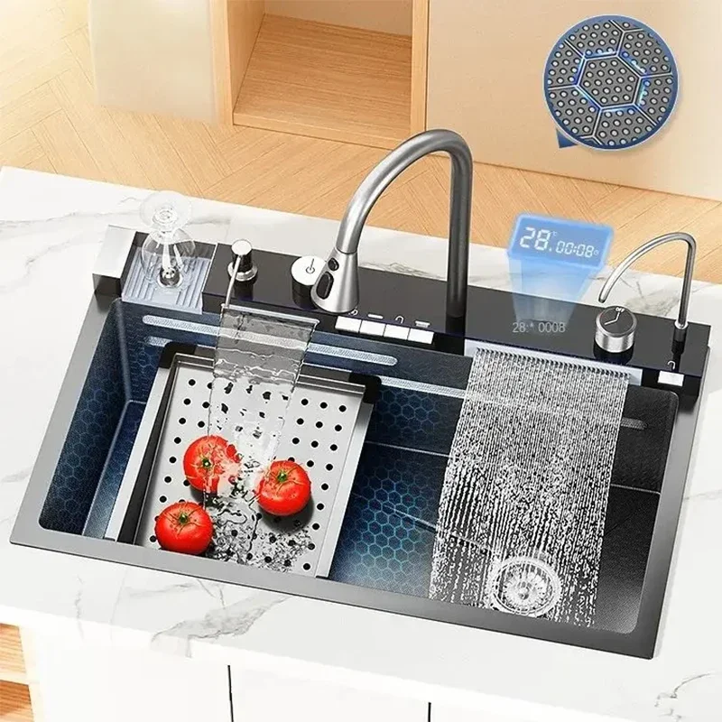 

Nano Waterfall Kitchen Sink 304 Stainless Steel Digital Display Vegetable Washing Basin Multifunctional Manual Large Single Slot