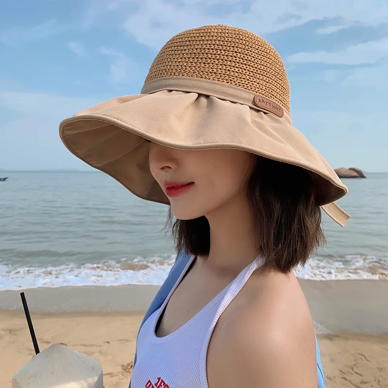 

2023 Bow Hollow Bucket Hat Women Summer Large Brim Anti-ultraviolet Straw Hat Breathable Foldable Sweet Sun Cap Gorros Para Niña