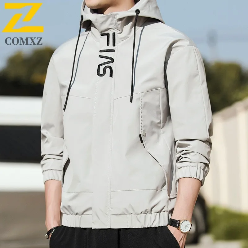 Men Korean Style Spring Fall Hooded Jacket Casual Embroidery Zipper Coat Loose Fit Streetwear Windbreaker Fashion Outdoor Sport