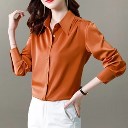 2023 New Women's Shirts Satin Blouse for Women Long Sleeve Shirt Silk Orange Shirt OL Woman Solid Blouses Female Solid Tops