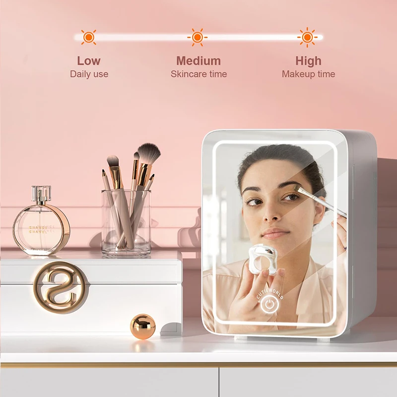Mini Fridge with Dimmable LED Mirror 4 Liter Easy-Take Skincare Fridge Small Refrigerating Makeup for Bedroom Car Portable