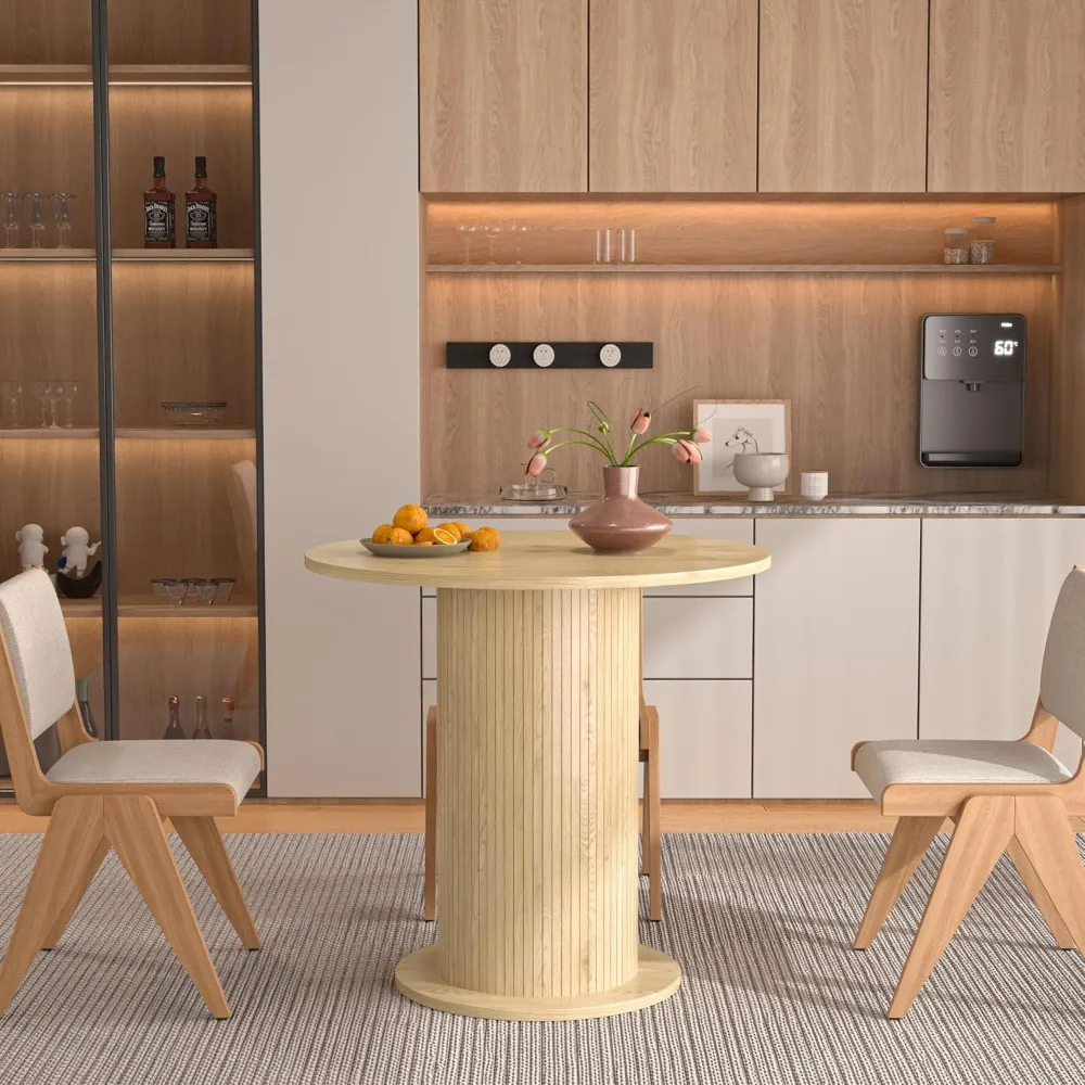 31.5 inch Round Dining Table for 2, Modern Farmhouse Kitchen Table, Small Circle Dining Tables with Wood Strip Base for Kitchen 6