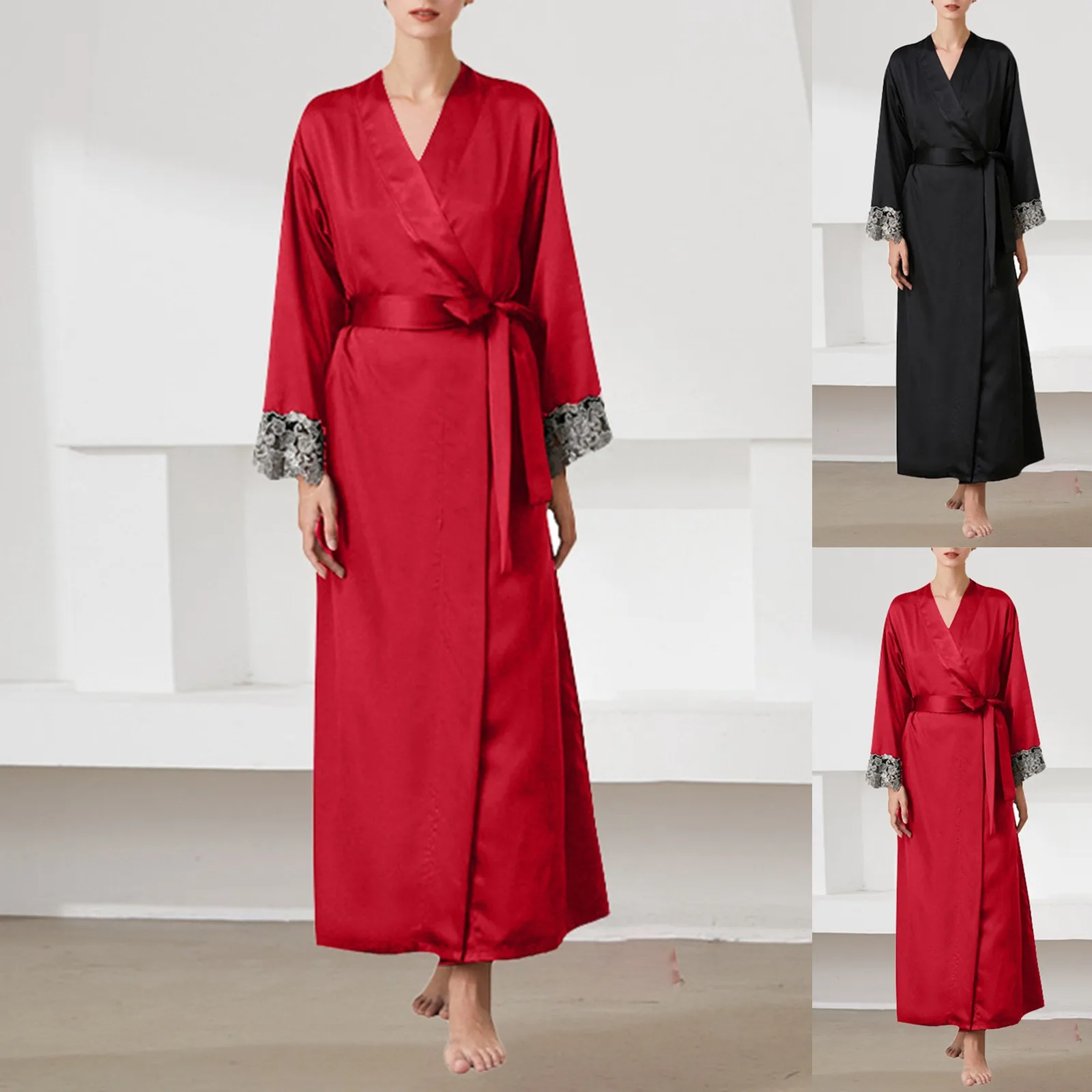 

Women's Nightgown Comfortable Lace Up Imitation Silk Pajamas Bathrobe Lightweight Cardigan Long Sleeved Lace Patchwork Home Wear