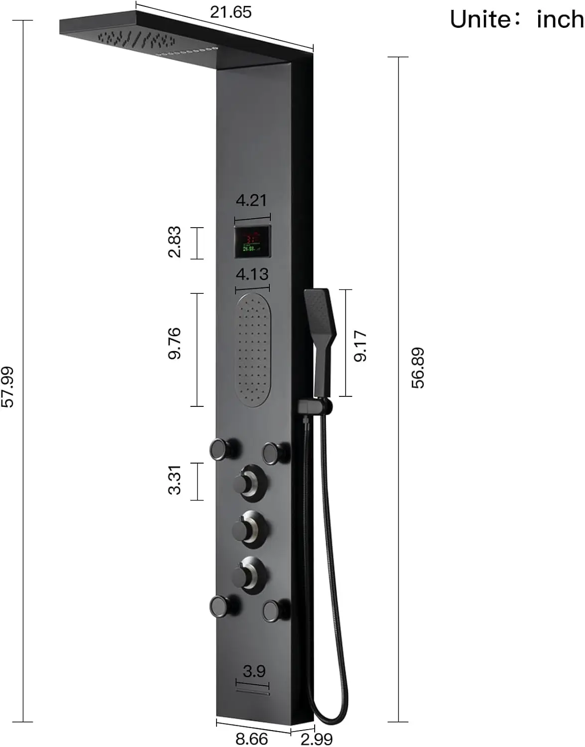 Black Shower Panel Tower System LED Light Shower Tower with Large Area Body Jet Massage Shower Fixtures with LCD Temperature 6