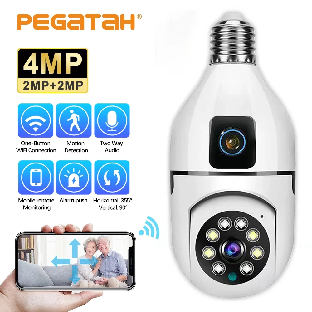 

Камера видеонаблюдения PEGATAH E27 с двойным объективом, Wi-Fi, 4 МП, 4K, PTZ, IP-камера системы видеонаблюдения, для умного дома, с ИИ-отслеживанием, с голосовым оповещением