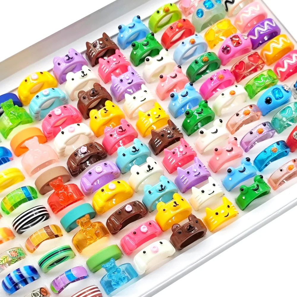 20/30/50 قطع لطيف جميل الحيوان الضفدع الدب الراتنج خواتم مجموعة للنساء الفتيات نمط عشوائي مباراة ل ملابس يومية هدية حفلة