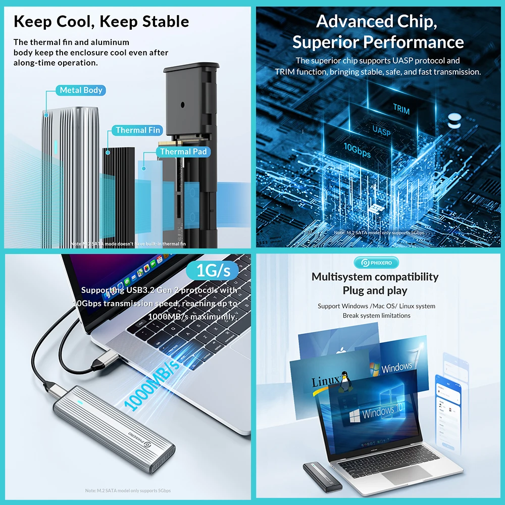 Ssd enclosure external hard drive case external hard drive box hard disk case hdd case enclosure hard drive enclosure PHIXERO SSD NVMe M.2 enclosure dual portocol NVMe to USB adapter NGFF SATA external case USB 3.2 Type C 10Gbps HD storage box