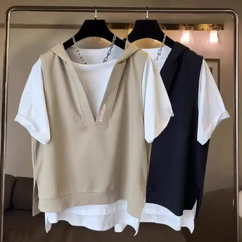 

EBAIHUI Fake Two Piece Design Men's Short Sleeved T-shirt Summer Loose Korean Hooded T Shirt Japanese Simple Versatile Male Top