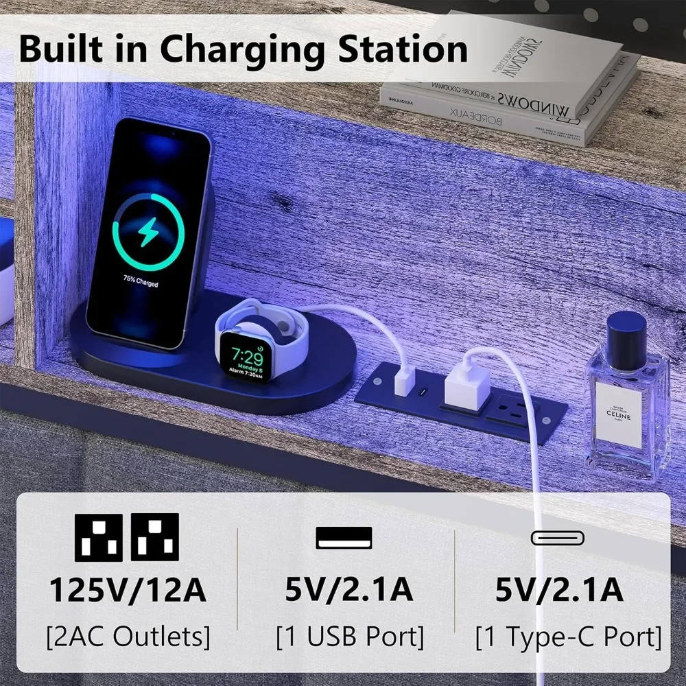 Description Picture 4 of itemQueen Bed Frame, Bookcase Headboard, LED Lights W/ Charging Station, W/Storage Drawers, No Springs Required, Platform Bed Frame