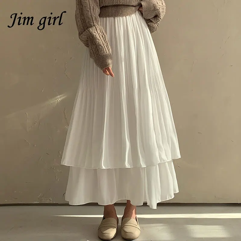 

Korean Fashion Long Summer Skirts Womens Chic Pleat Big Swing Multilayer Midi Skirt High Waist Faldas Mujer All Match Jupe Femme