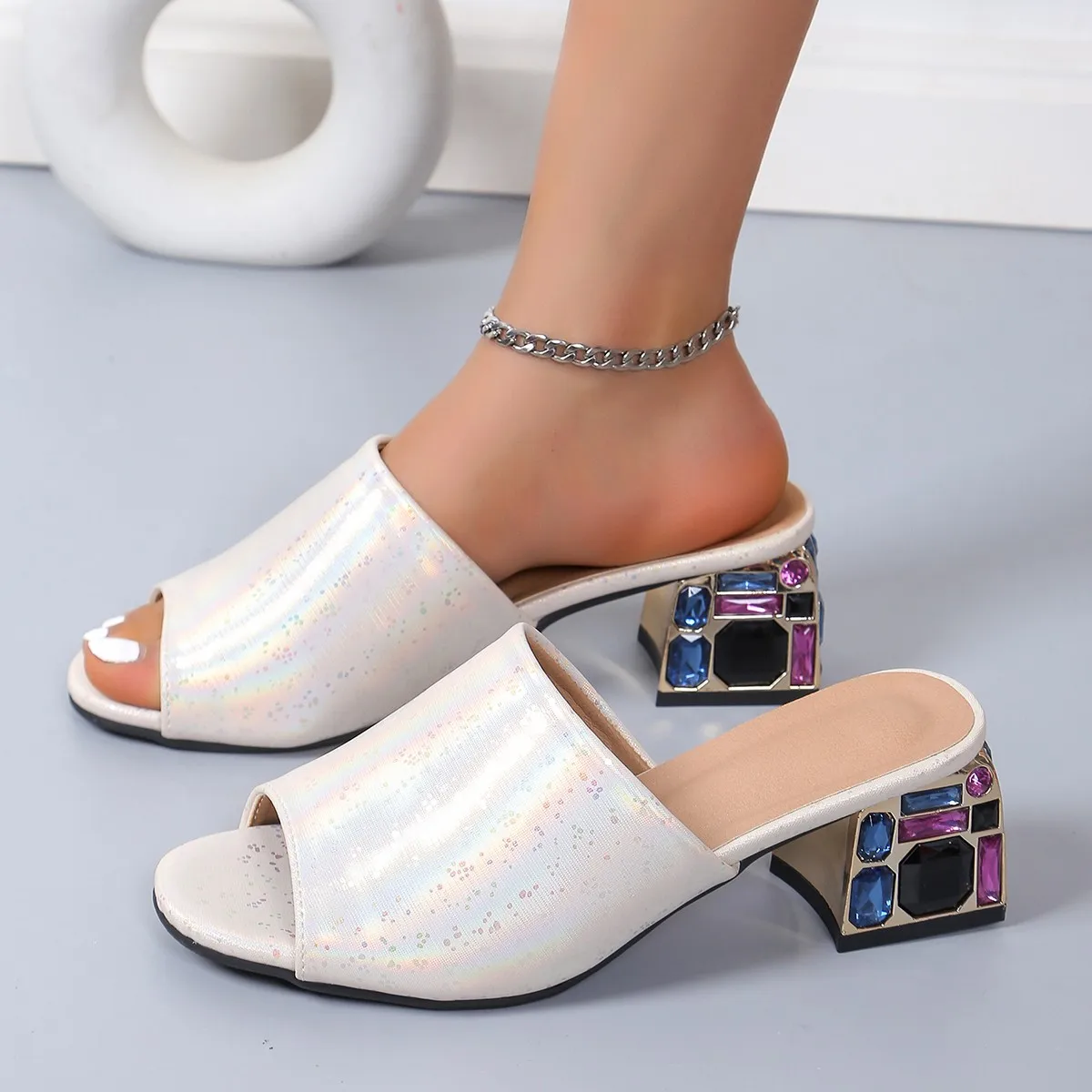 Crystal Women Slippers Casual Open Toe Square Heels Sandals 2024 New Summer Fashion Women Slippers Slides Women Zapatos De Mujer