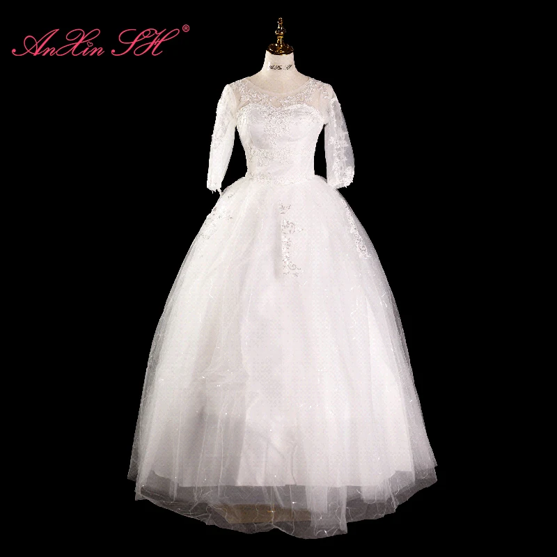 

AnXin SH princess white flower lace o neck illusion half sleeve lace up simple fashion ball gown sparkly bride wedding dress