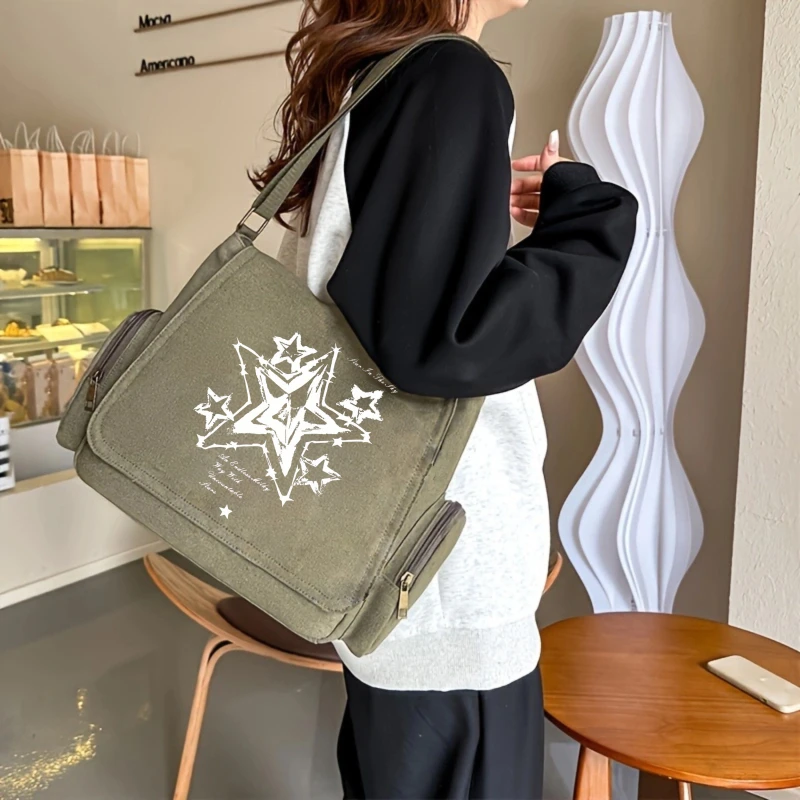 Y2K Star Print Women's Shoulder Bag Fashion Large Capacity Crossbody Bag Canvas Flap Messenger Bag For Women Commuting