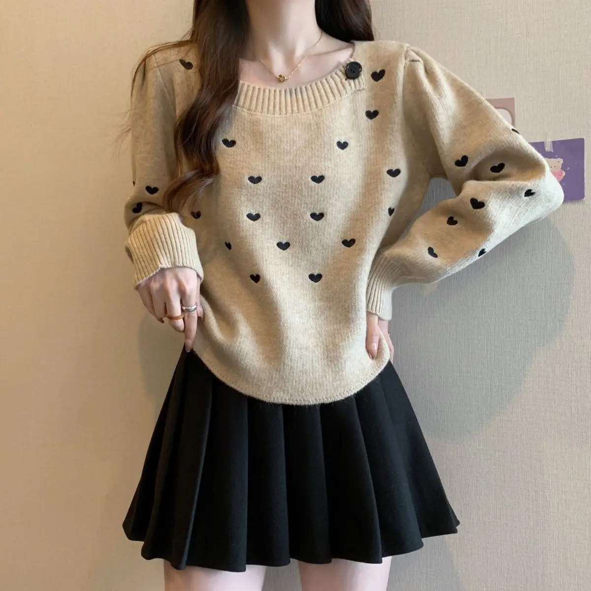 

Loose Design And Sweet Knit Top For Women's Spring And Autumn New Round Neck Short Long Sleeved Sweater
