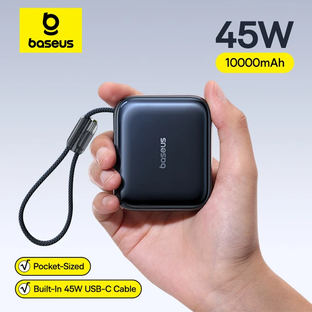 Banque d'alimentation mini Baseus 45W 10000mAh avec câble USB-C intégré, format de poche, charge rapide, portable pour iPhone 17 Samsung S25