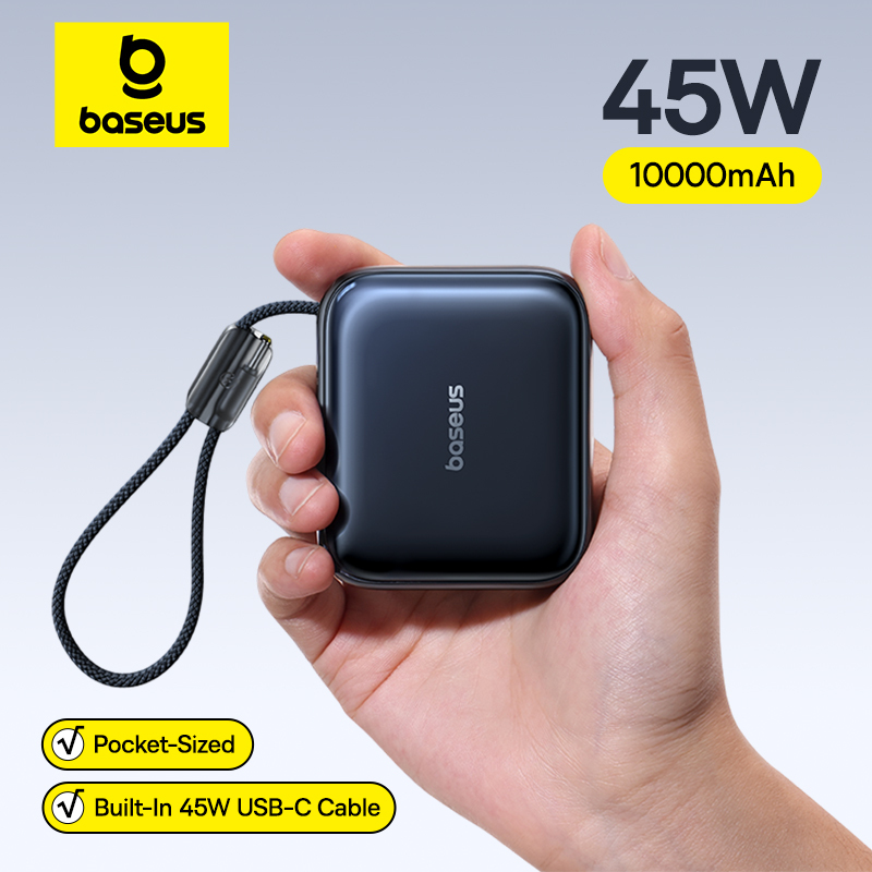  Baseus 45W Mini Power Bank 10000mAh Built-In USB-C Cable Pocket-Sized Smaller Fast Charging Portable For iPhone 17 Samsung S25 