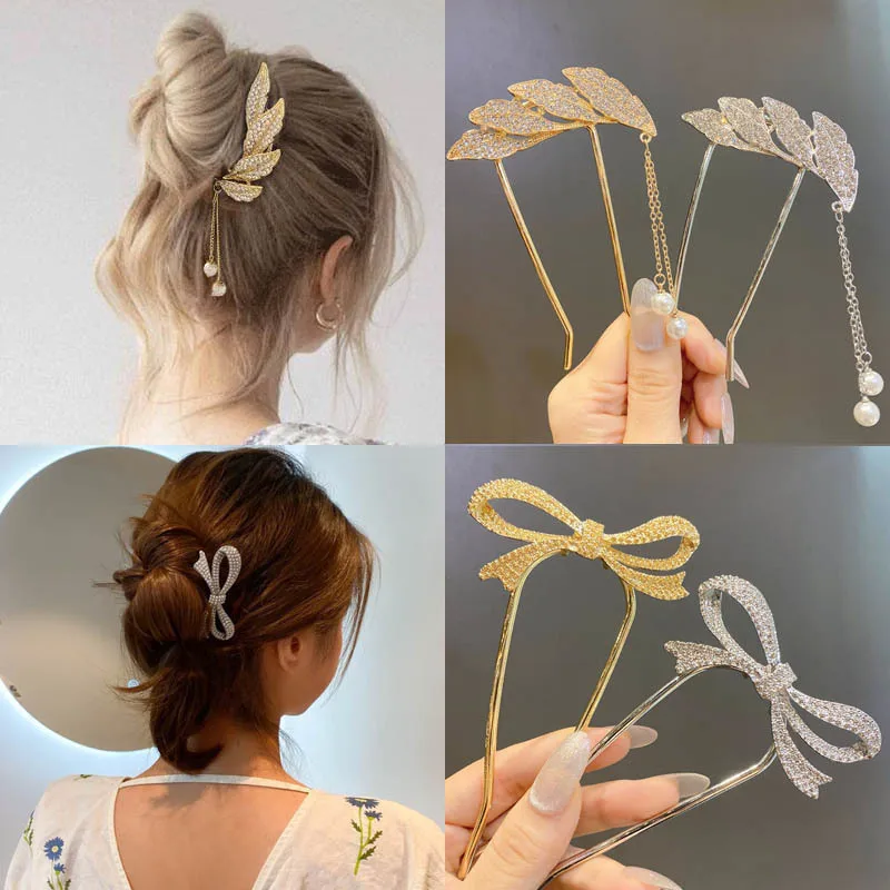 2022 Fashion U Shape Metal Hair Sticks Sweet Rhinestone Hair Clip ...