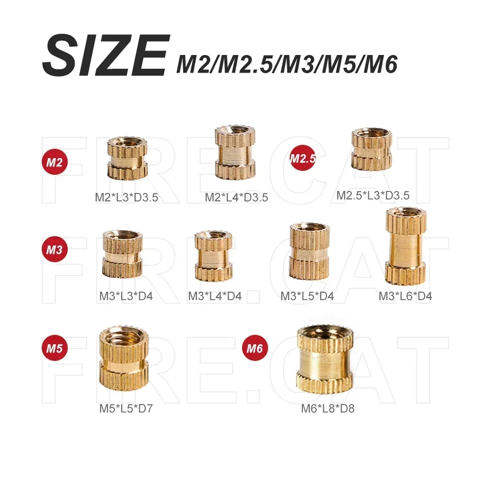 Brass Insert Nut Assortment Kit M2 M2.5 M3 M4 M5 M6 Female Thread Knurled Embedment Injection Nuts for 3D Printing up to 1300P