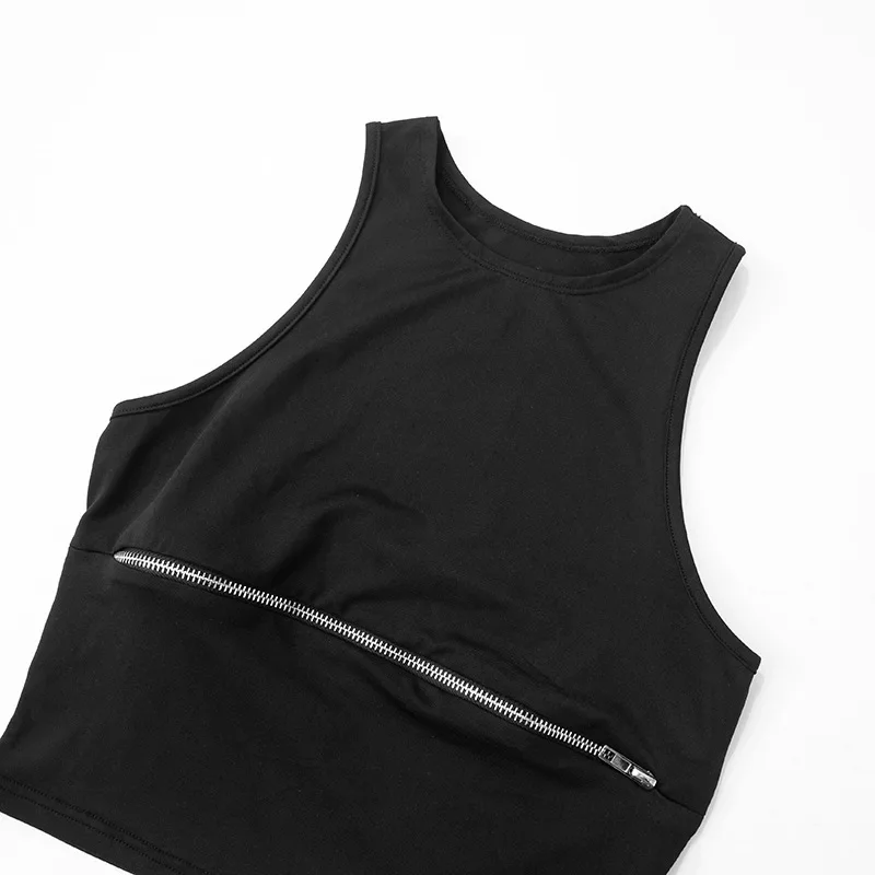 Camisetas de verano informales de color sólido Y2k, nuevas, a la moda, ajustadas, huecas, sexys, cortas, para mujer, sin mangas, con cremallera y cuello redondo, camiseta sin mangas para mujer