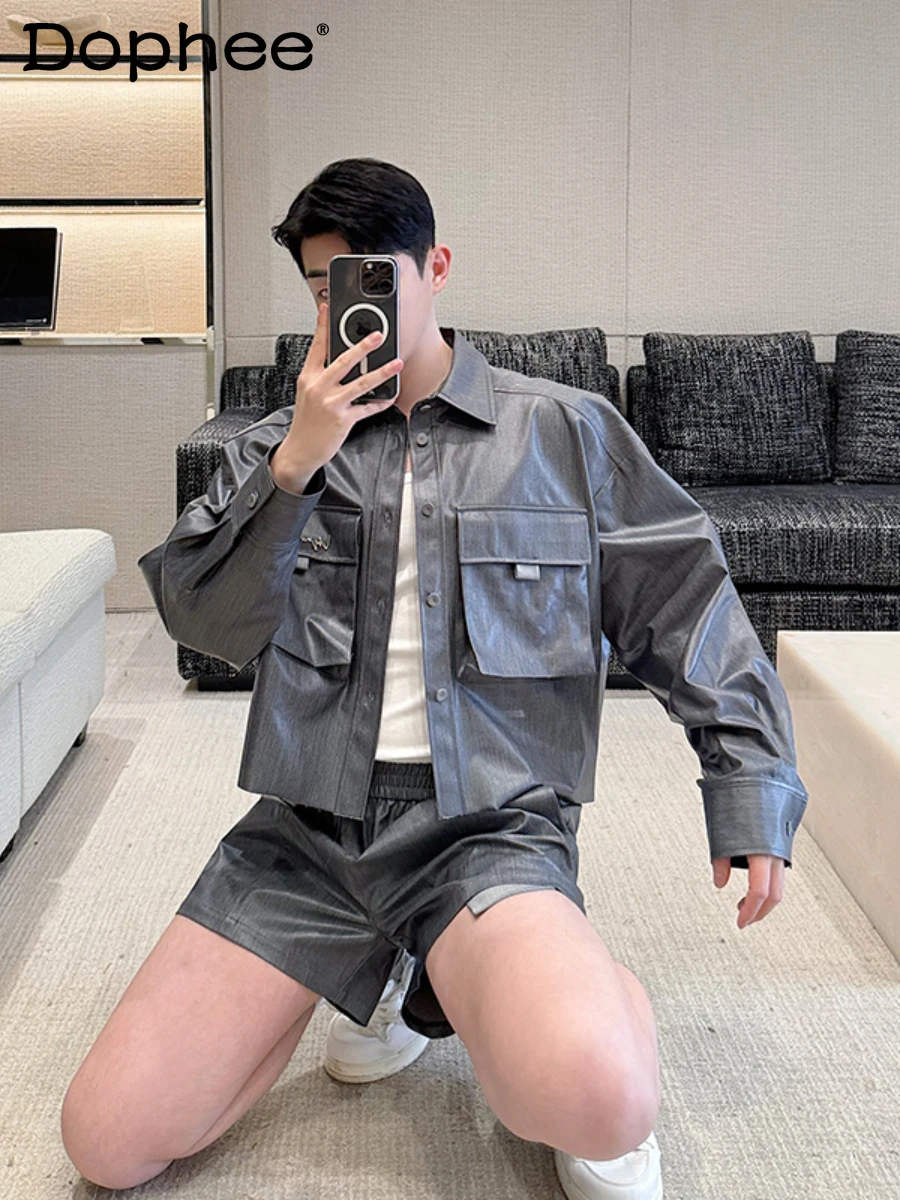 

Fashion Men's Sets Three-Dimensional Pocket Long Sleeve Shirt Outfit Men's High-End Handsome Shorts Solid Color Two-Piece Set