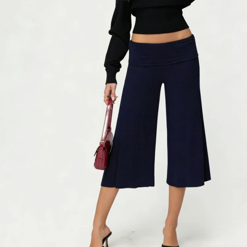 Women's Flowy Fold Over Capri Pants with Ruffle Hem and Elastic Waist